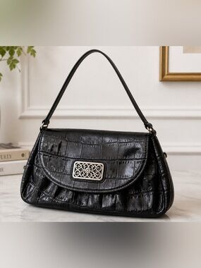 Brighton Black Croc-Embossed Shoulder Bag with Decorative Medallion